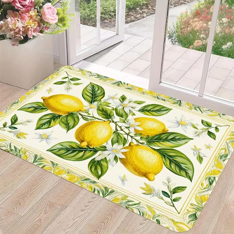 Elegant Lemon Leaf Border Doormat Non Slip Entry Rug Fresh Citrus Floral Pattern Floor Mat Indoor Kitchen Porch Home Decor