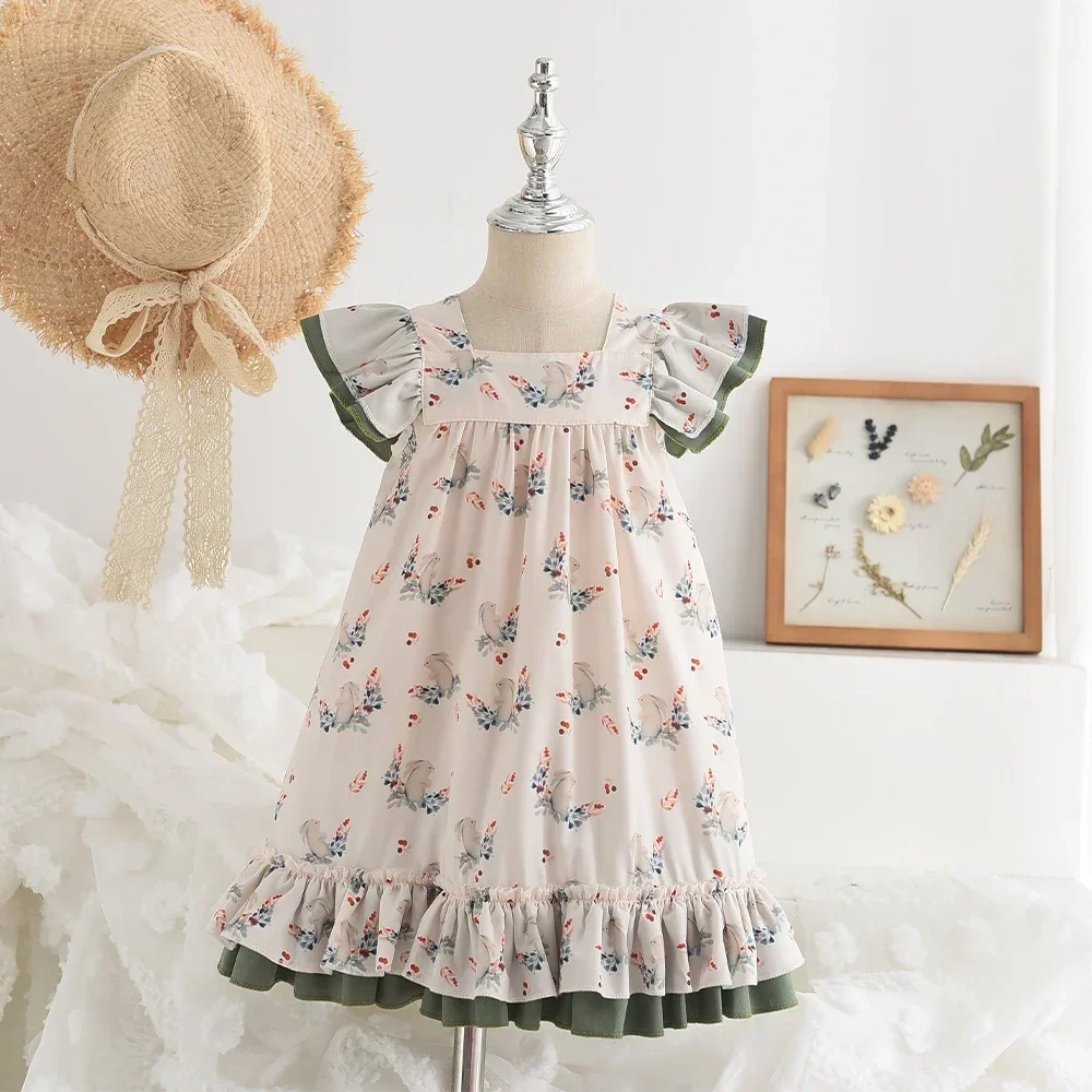 

Summer Fashion New Girls Cute Bow Decoration Clothes Square Neck Print Sweet A-Line Dress 1 Pc 3-7 Years Kids Casual Clothing