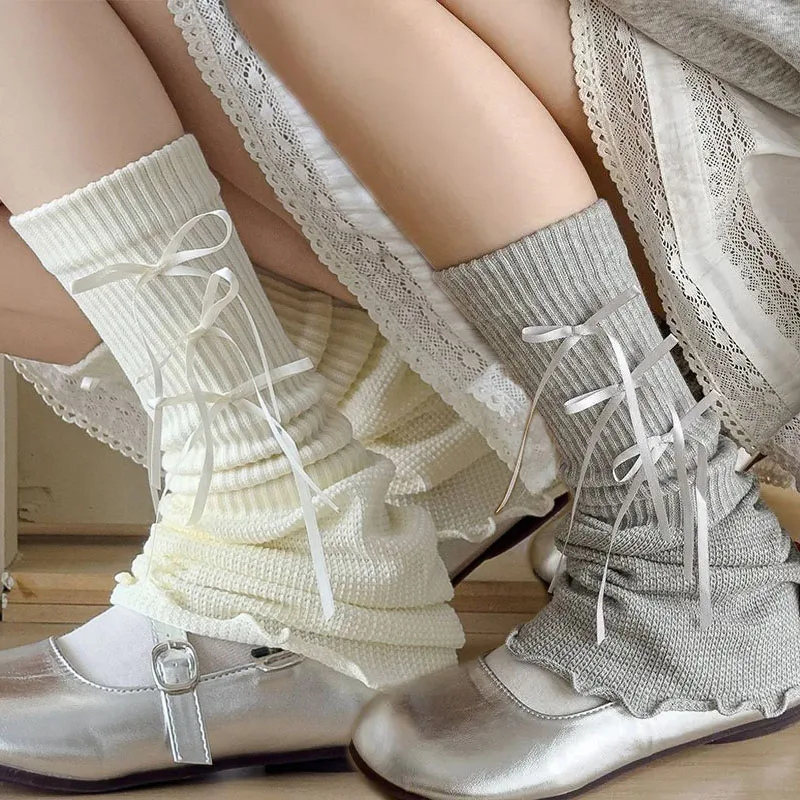 

Bowknot Ribbon Foot Cover Socks Y2K Sweet Girls Ruffle Women's Stockings Lolita Kawaii Keep Warm Leg Covers Thick Ankle Warmer