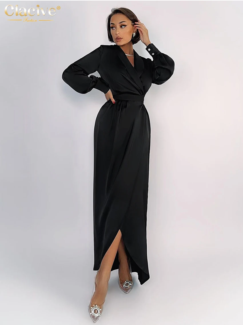 

Clacive Fashion Loose Black Satin Women Dress Casual Long Sleeve Ankle Length Dresses Elegant Lace-Up High Waist Female Dress