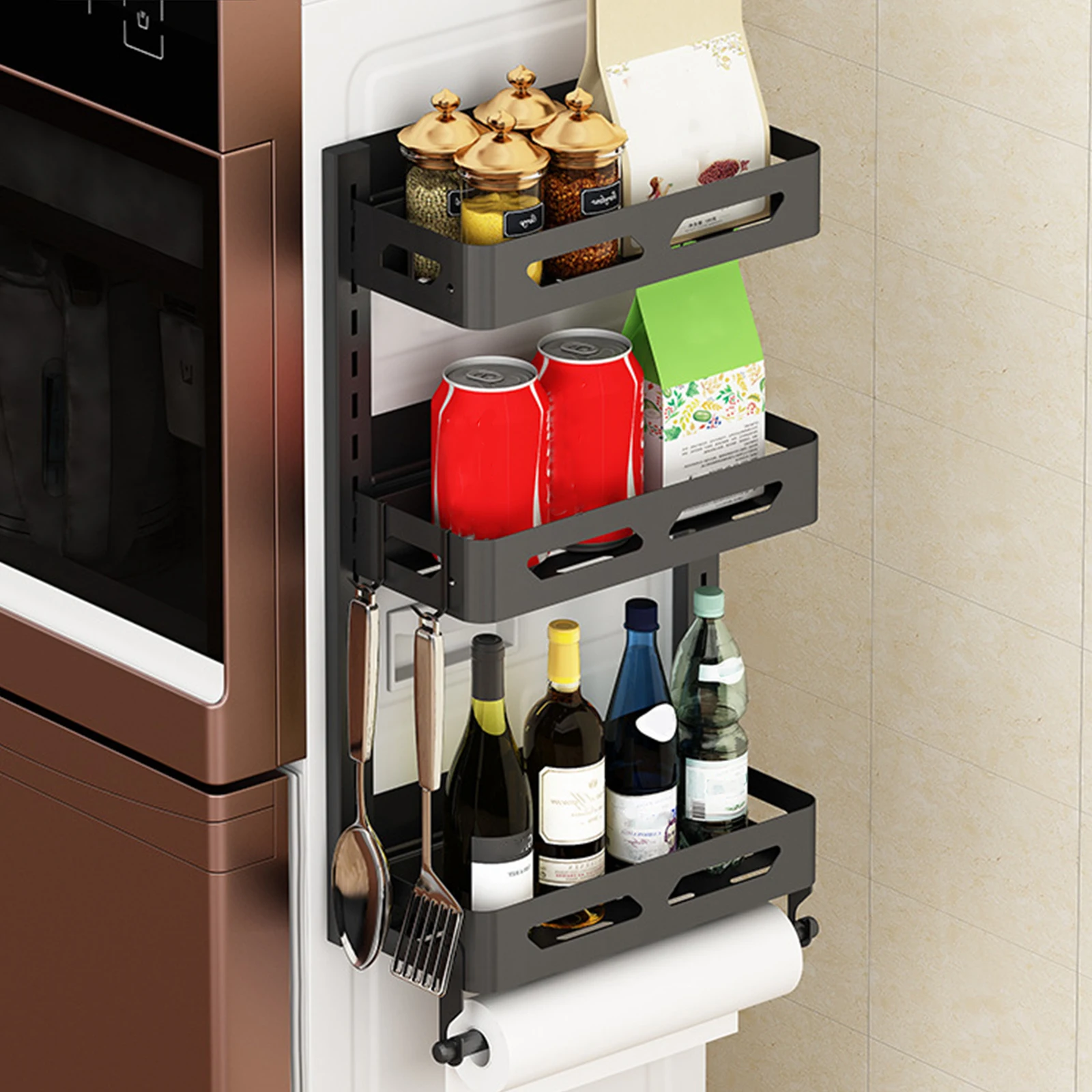 

Fridge Shelf Wall Hanging Rack Paper Spice Holder Seasoning Organizer 3-Layer Black Modern