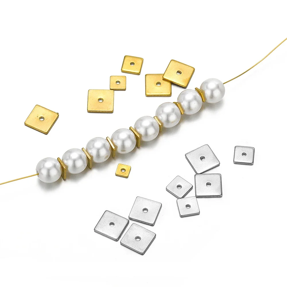 50pcs Flat Square Beads Spacers Stainless Steel Small Charms Bulk for DIY Pearls Necklace Bracelet Accessories Jewelry Making