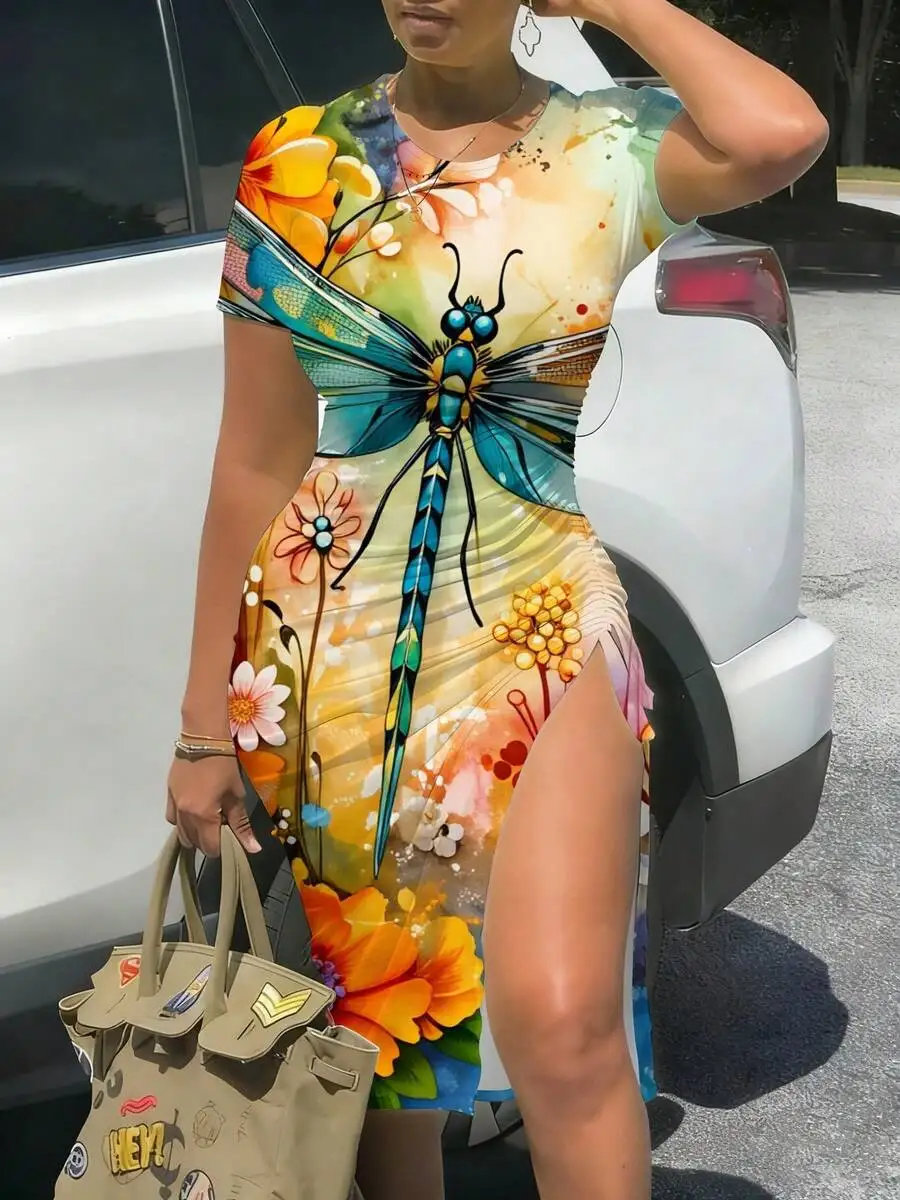

Vibrant Dragonfly And Floral 3D Printed Midi Dress With Side Slit For Women
