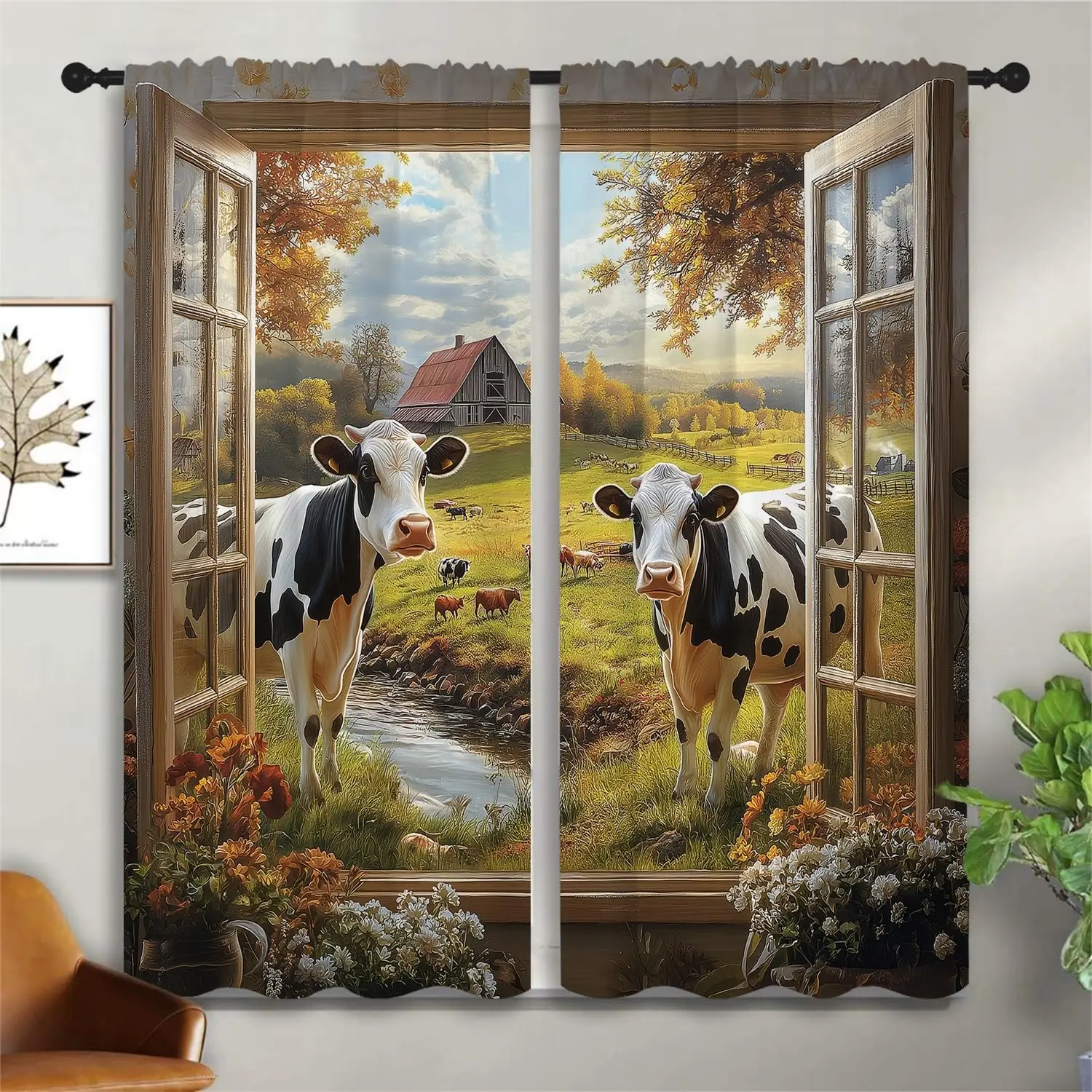 Farm Animal Boy Girls Blackout Curtains,Funny Cow Country Farmhouse Barn Nature Landscape, 2 Panel Rod Pocket Thermal Insulated