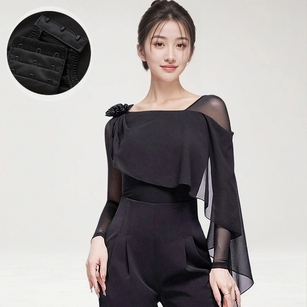 斜めネックラテンダンストップシンプルなステッチボール新しいエレガントな長袖トップ女性のメッシュブラックエレガントなジャンプスーツ