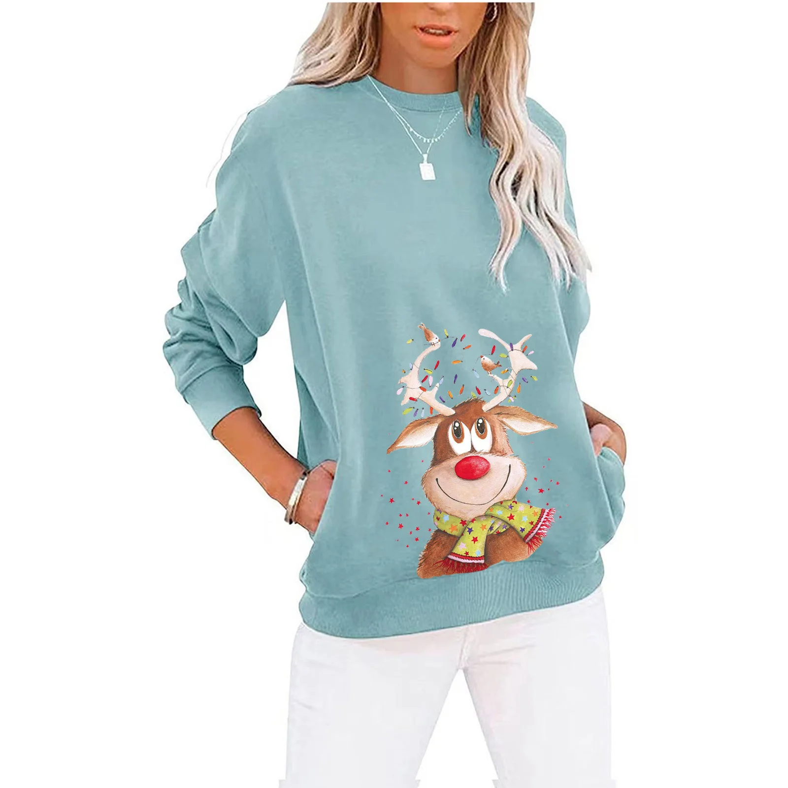 Christmas Elk Print T-shirt Women's Autumn Winte Round Neck New Year Holiday Clothing Loose Sweater Female Casual Pullover Tees