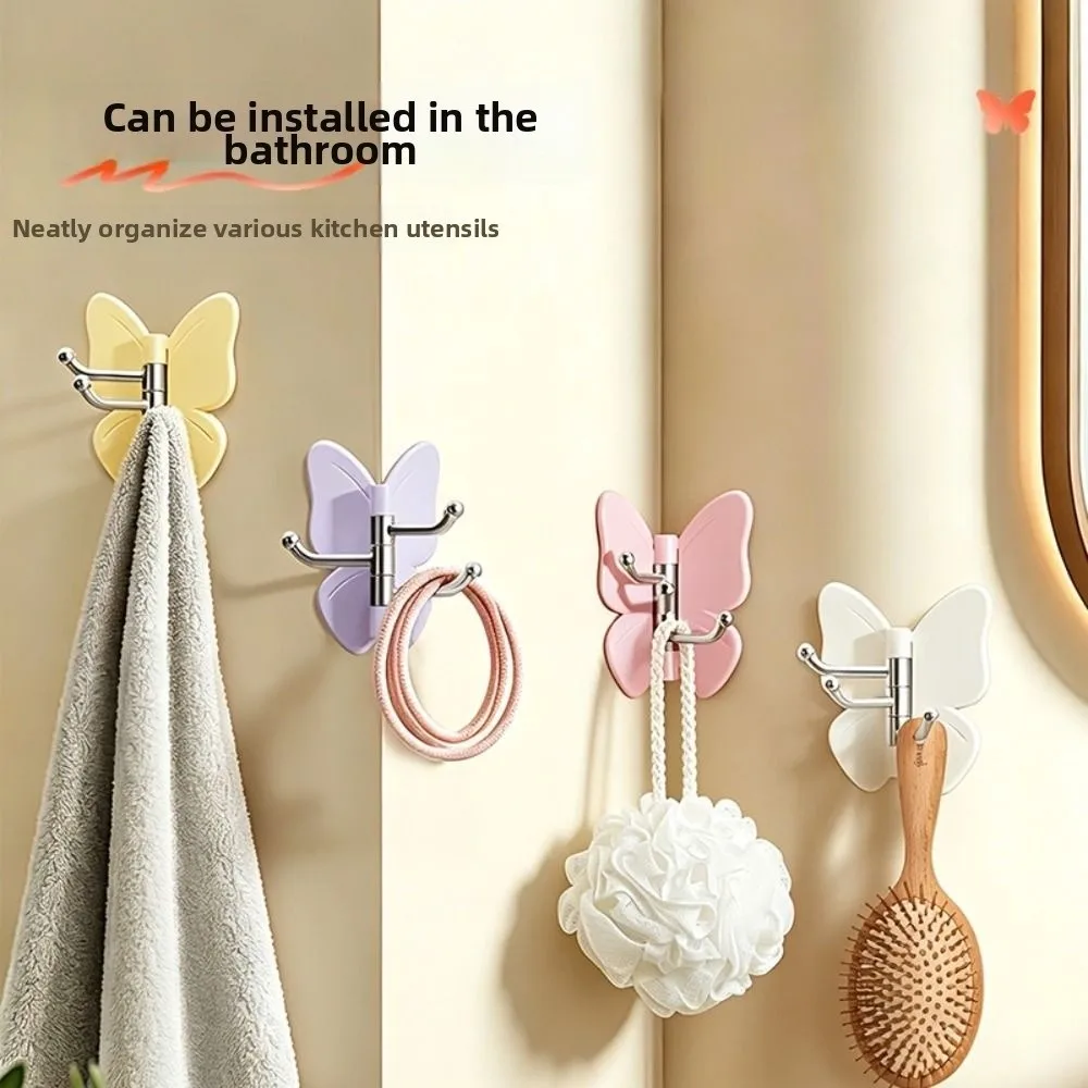 1/4PCS New Plastic Butterfly Wall Hook Waterproof Rotatable Rotating Wall Hook Self Adhesive No Drill Storage Hanger Home Decor