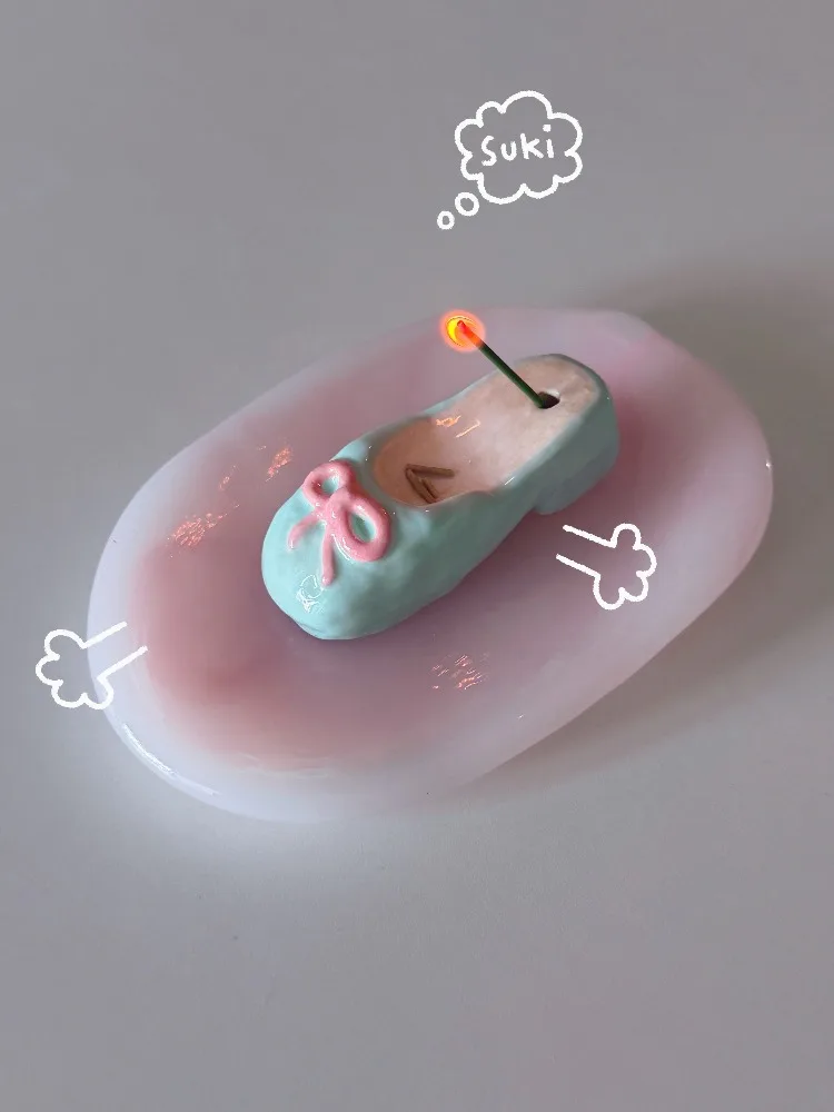 Cute Ceramic High Heel Incense Holder, Handmade Bowknot Shoe Candle Holder, Ins Style Photography Prop Home Decor Art Holder Set