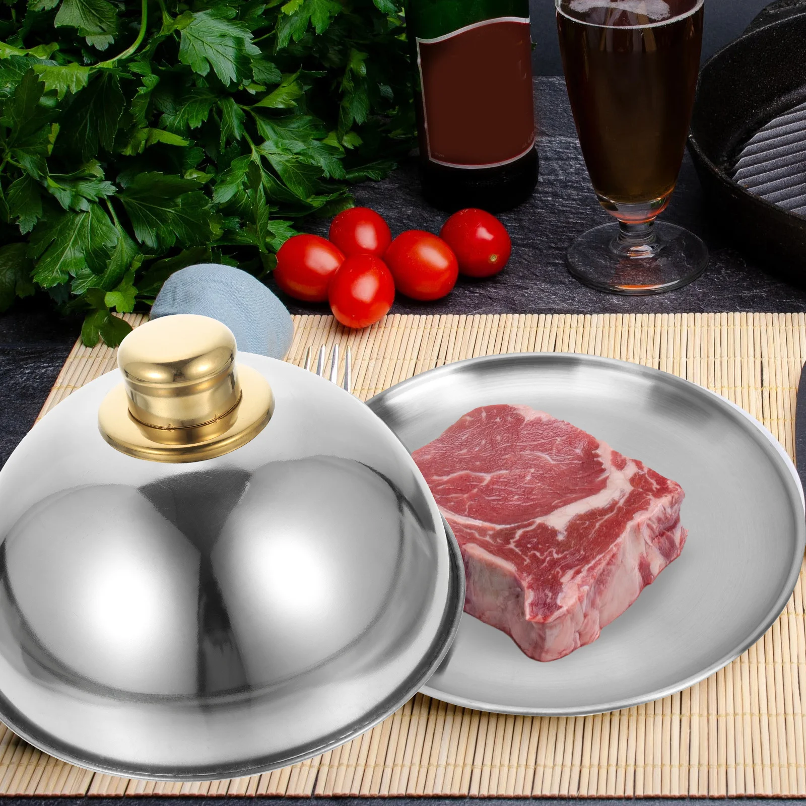 

Stainless Steel Steak Cover Round Food Protective Cover Kitchen Supply Anti-Splashing Fresh-Keeping Bbq Lid
