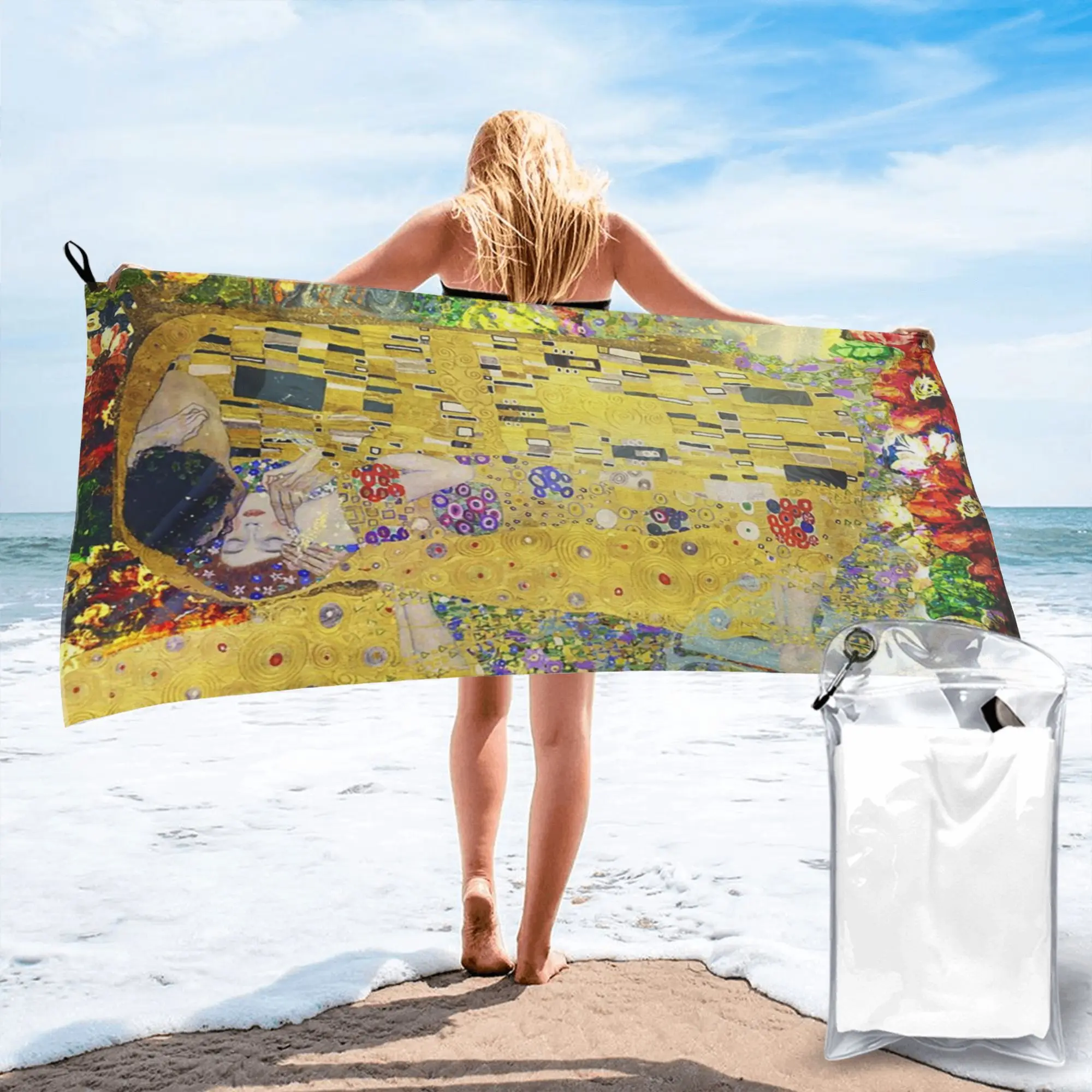 The Kiss By Gustav Klimt Beach Towel Soft Microfiber Quick Dry Absorbent Quick Towels For Bath