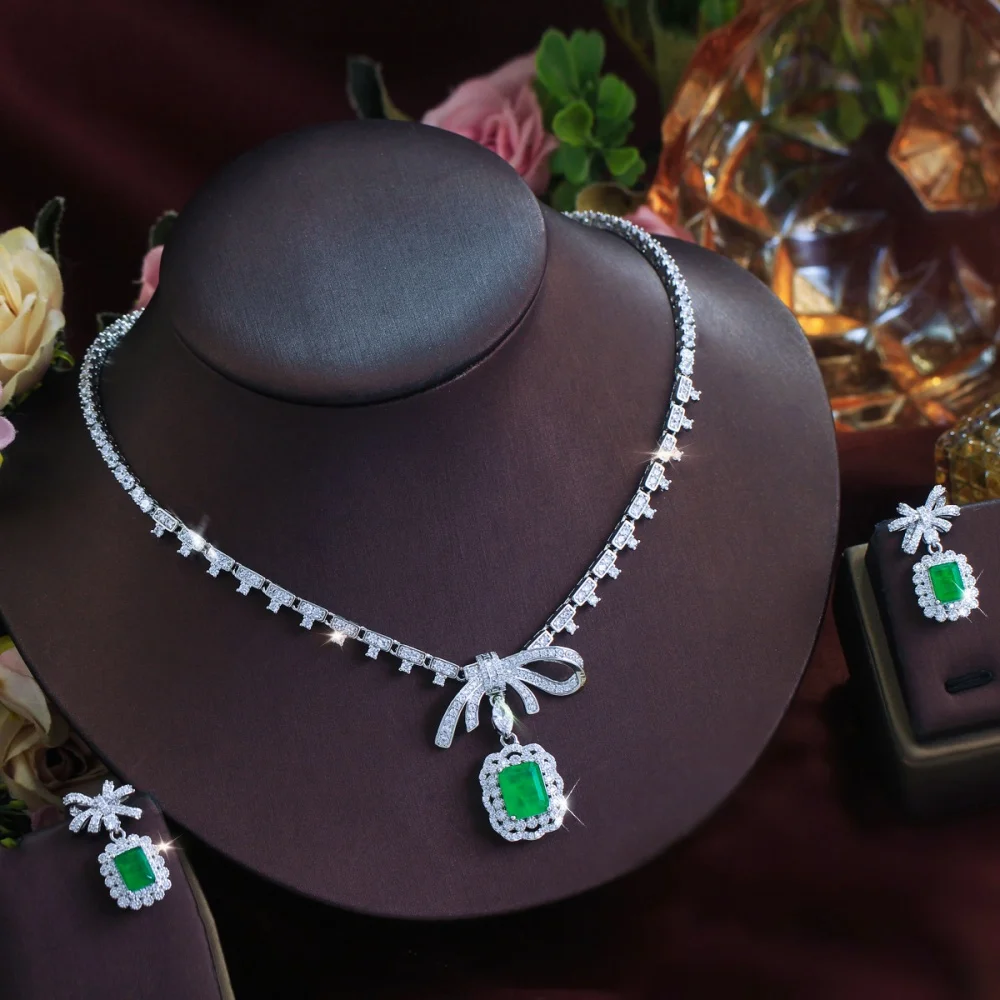 BeaQueen Gorgeous Green Paraiba&CZ Bowknot Shape Wedding Bridal Necklace Earring Sets for Women Luxury Party Jewelry T1037