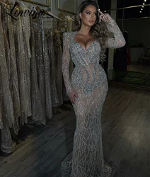 Elegant Light Champagne Arabic Evening Dress Sweetheart Long Sleeve Silver Crystals Mermaid Formal Party Prom Gowns Customized