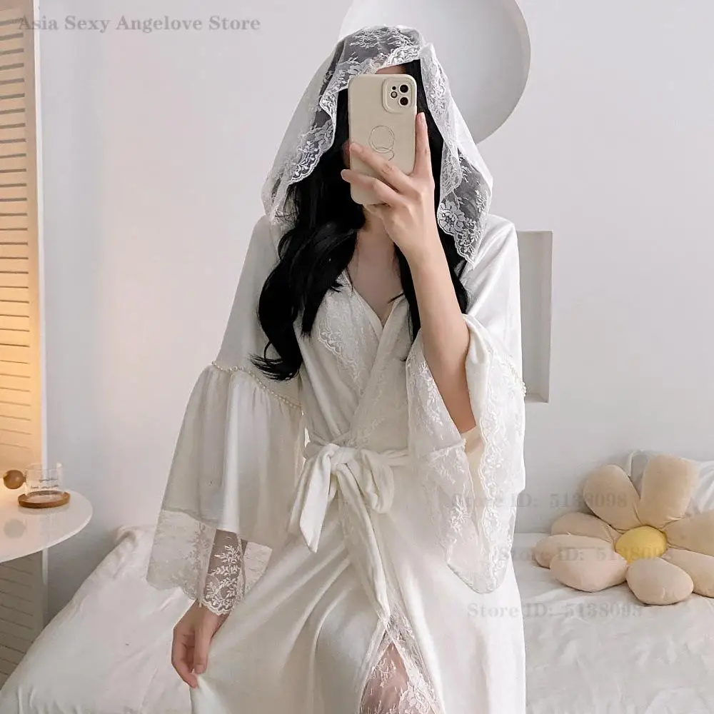 

White Lace Morning Robe Sleepwear Autumn Winter Velvet Hooded Bathrobe Kimono Gown Lady Elegant Princess Long Nightgown Homewear