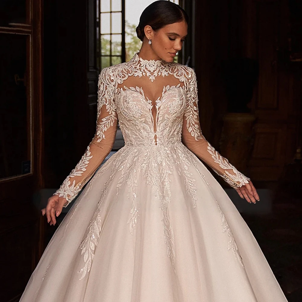 Exquisite Princess Ball Gown Wedding Dress 2024 Elegant High Neck Long Sleeve Lace Appliques Vintage Bridal Gowns Customized