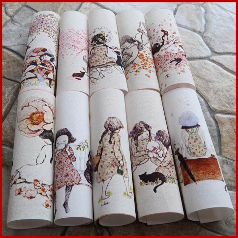 10pcs/lot ed Patchwork DIY Hand Dyed Cotton Canvas Fabric Decorative Painting hand-painted Cloth Korea Forest Girl Design