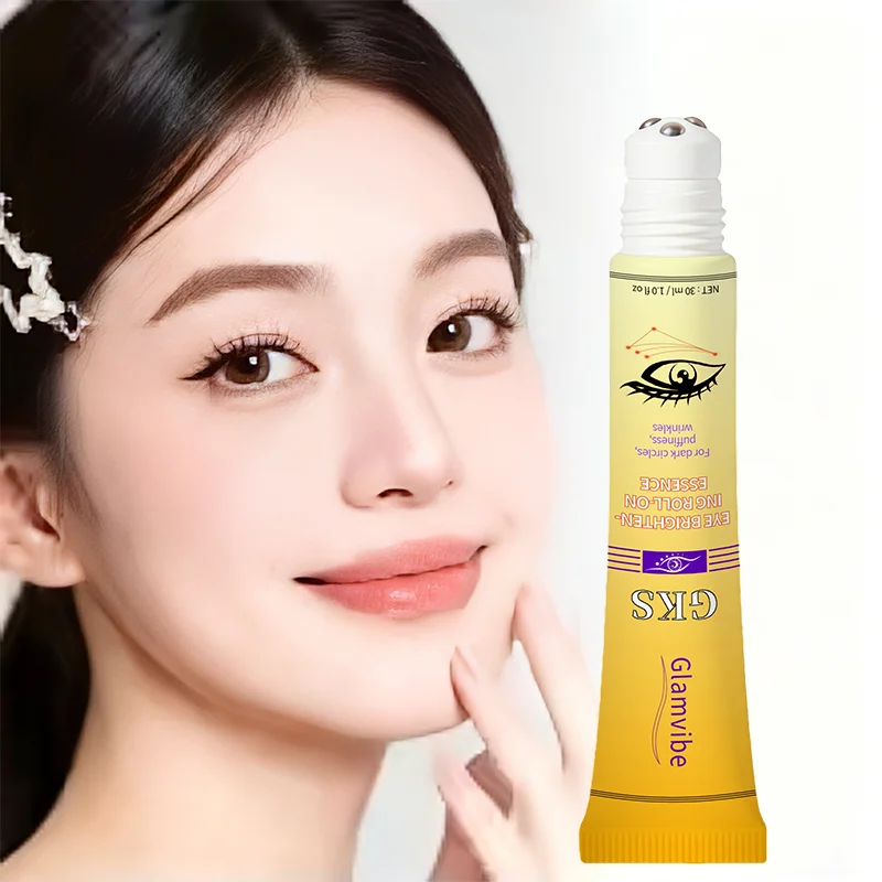 eye brightening rollerball serum contains caffeine, hyaluronic acid, and other natural moisturizing ingredients.