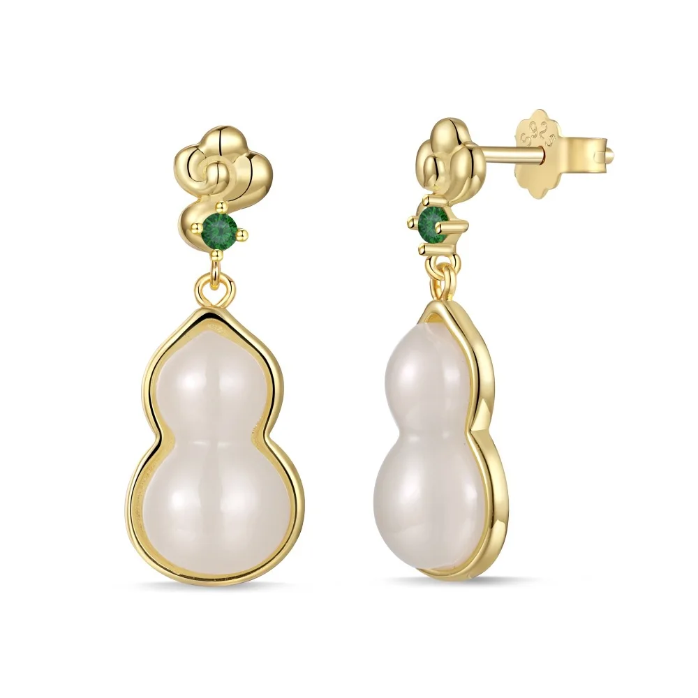 prateado ear studs para mulheres design de pingente cabaca serie hotan jade simples temperamento elegante versatil joia s925 01