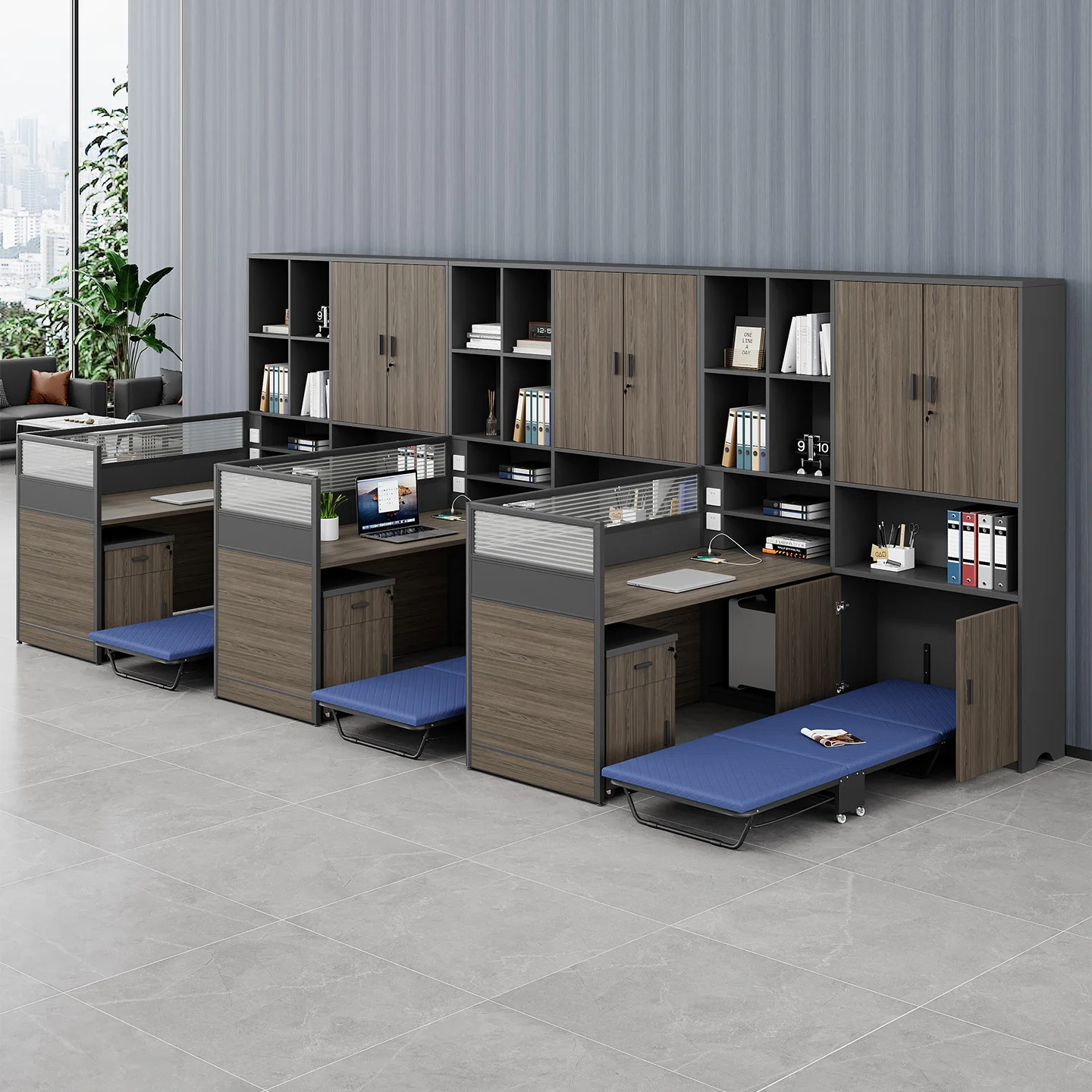 Double staff desk, financial desk, office with bed, desk, screen, card space, lunch break, office desk and chair combination