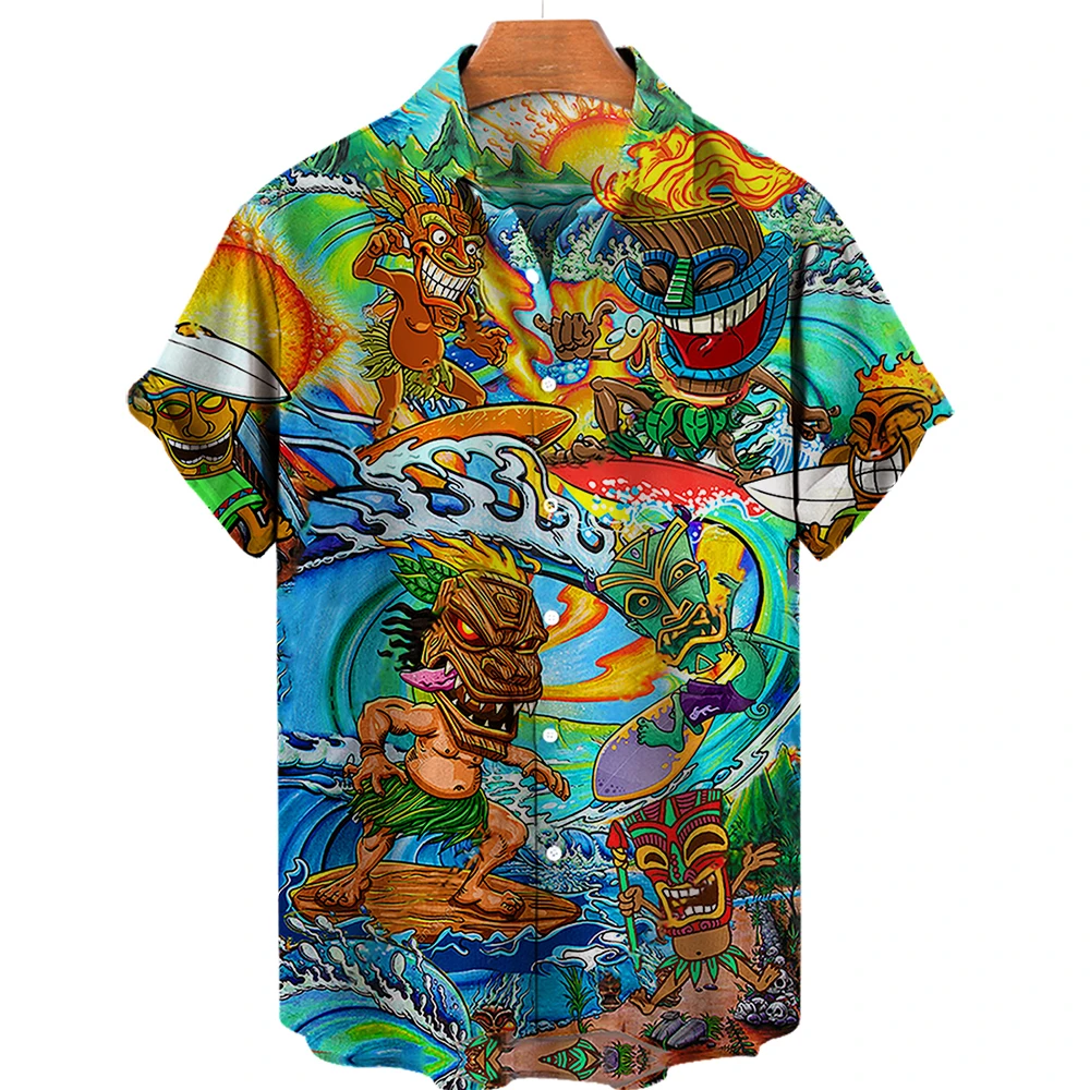 Kemeja pria motif 3D, baju liburan modis Harajuku pantai Hawaii kasual Tiki musim panas