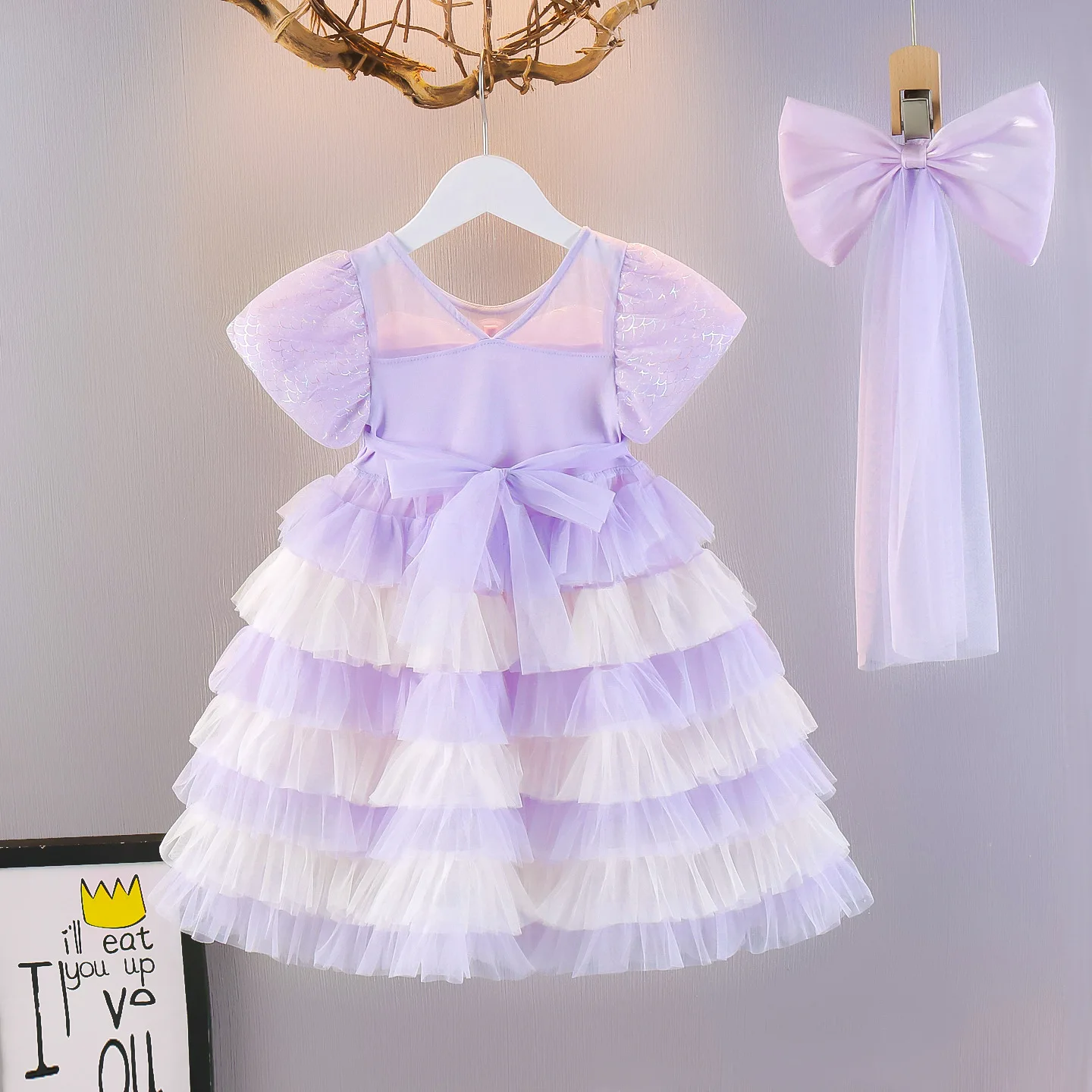 Mermaid Girl Dress Toddler Baby Princess Dress Mesh Tiered Ruffle Tulle Tutu Ball Gown with Headwear Bow Birthday Party Costume