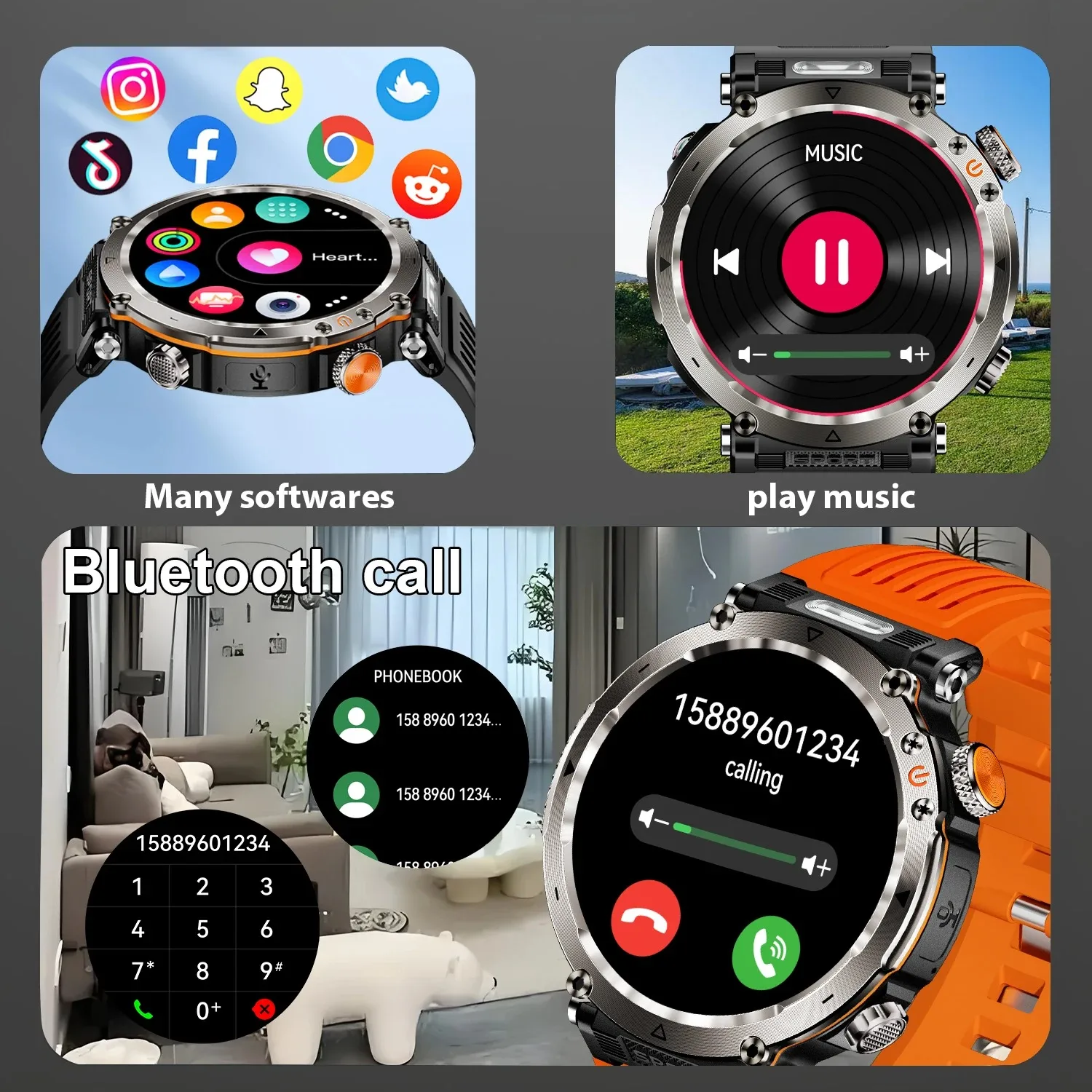 5ATM مقاوم للماء ساعة ذكية الرجال 600mAh في الهواء الطلق SmartWatch GPS البوصلة معدل ضربات القلب مصباح ليد جيب بلوتوث دعوة الرياضة Smartwatch