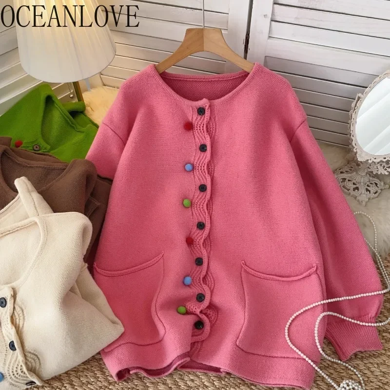 OCEANLOVE Colorful Buttons Women Sweaters Korean Fashion Sweet Warm Thick Cardigans Loose Vintage O Neck Sueter De Mujer