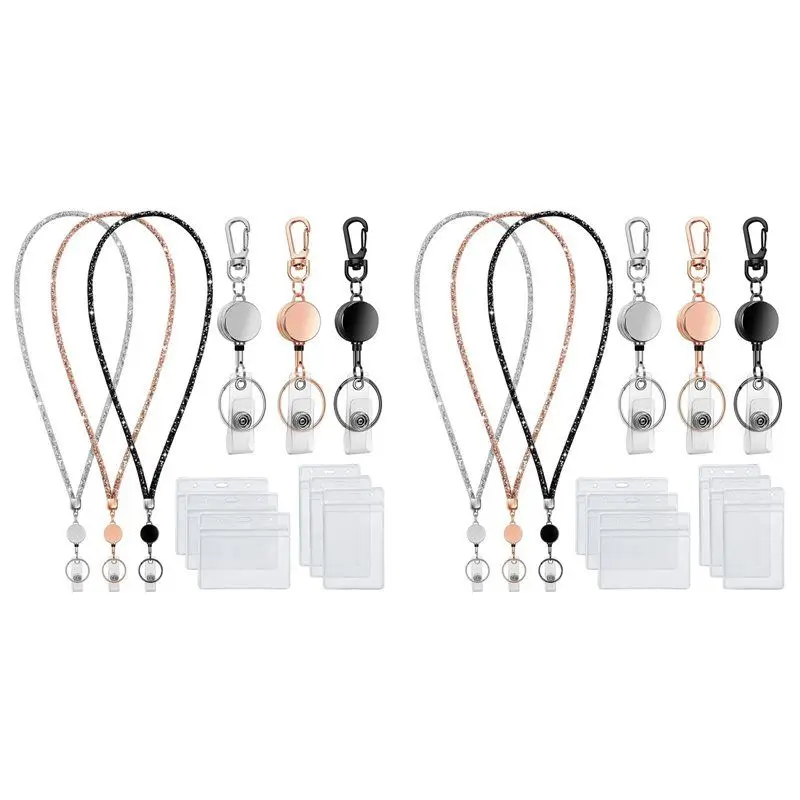 

A86P-2X ремешки для идентификационных бейджей, комплект 9 в 3, блестящий ремешок для бейджей с держателем идентификационного бейджа, выдвижные хрустальные ремешки для учителей