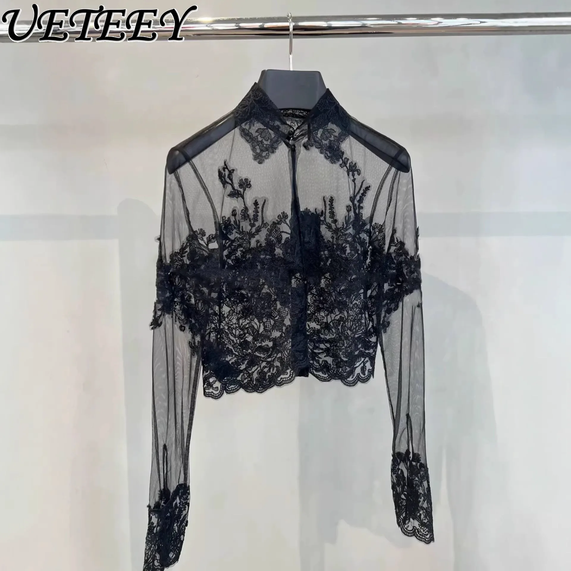 

Black Chic Lace Crochet Embroidered Blouse Women's Spring 2026 French Style Elegant Versatile Long Sleeve See Through Tops