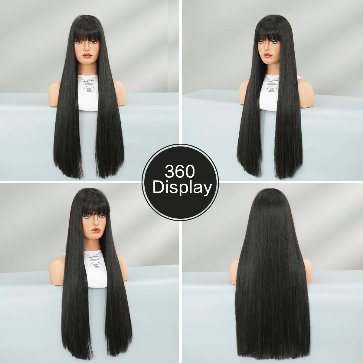 7JHH WIGS Long Straight Black Wig for Women Synthetic Heat-Resistant Modest Fashion Wear and Go Black Wigs with Neat Bangs - view 5