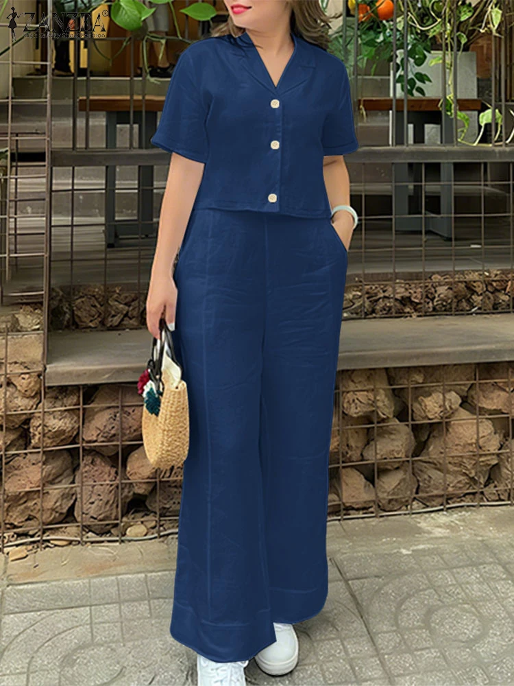 2025 ZANZEA الصيف بانت مجموعات موضة 2 قطعة ملابس النساء قصيرة الأكمام التلبيب قميص بنطلون الدعاوى عادية الصلبة العمل OL رياضية