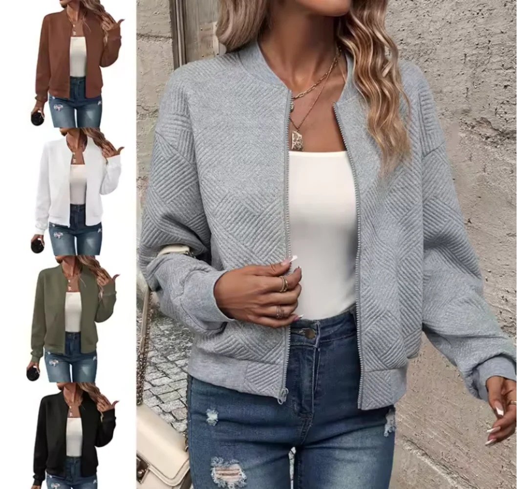 Plus Size Women's Autumn Winter Zipper Jacket Casual Baseball Collar Long Sleeved Coat New Solid Color Tops Outdoor Sport Simple