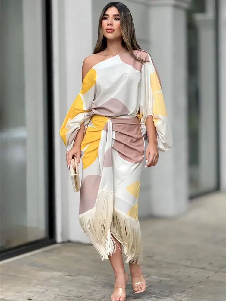 Women's Long Skirt 2024 Spring Summer New Fashionable Printed V-neck High Waisted Raglan Sleeves Dress for Women Elegant Style