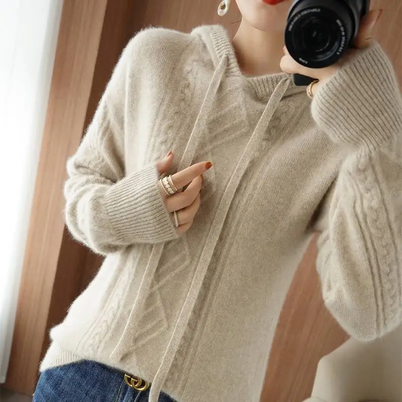 

New autumn women loose hooded soft waxy wool thickened sweater hooded sweater knitted cashmere sweater