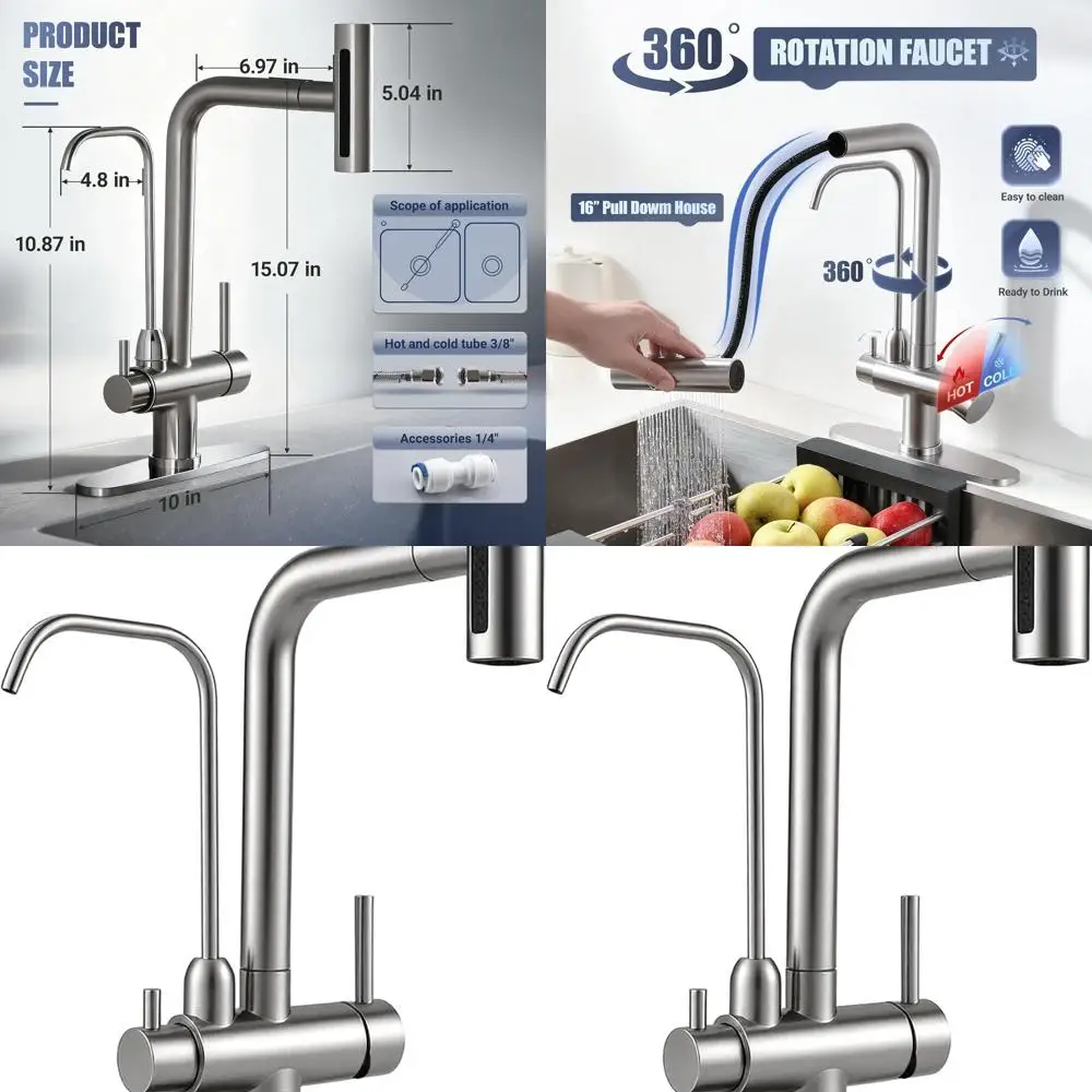 

Dual-Handle Pull-Down Spray Kitchen Faucet with Filtered Drinking Water, Brushed Nickel Finish