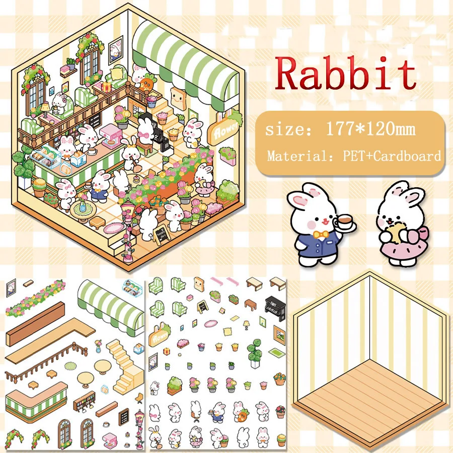 Cartoon 3D Dierenstickers Miniatuur Scène Kawaii Kapibala Kat DIY Gesimuleerde Cabine Sticker Pack Schoolaccessoires Kinderen Speelgoed Cadeau