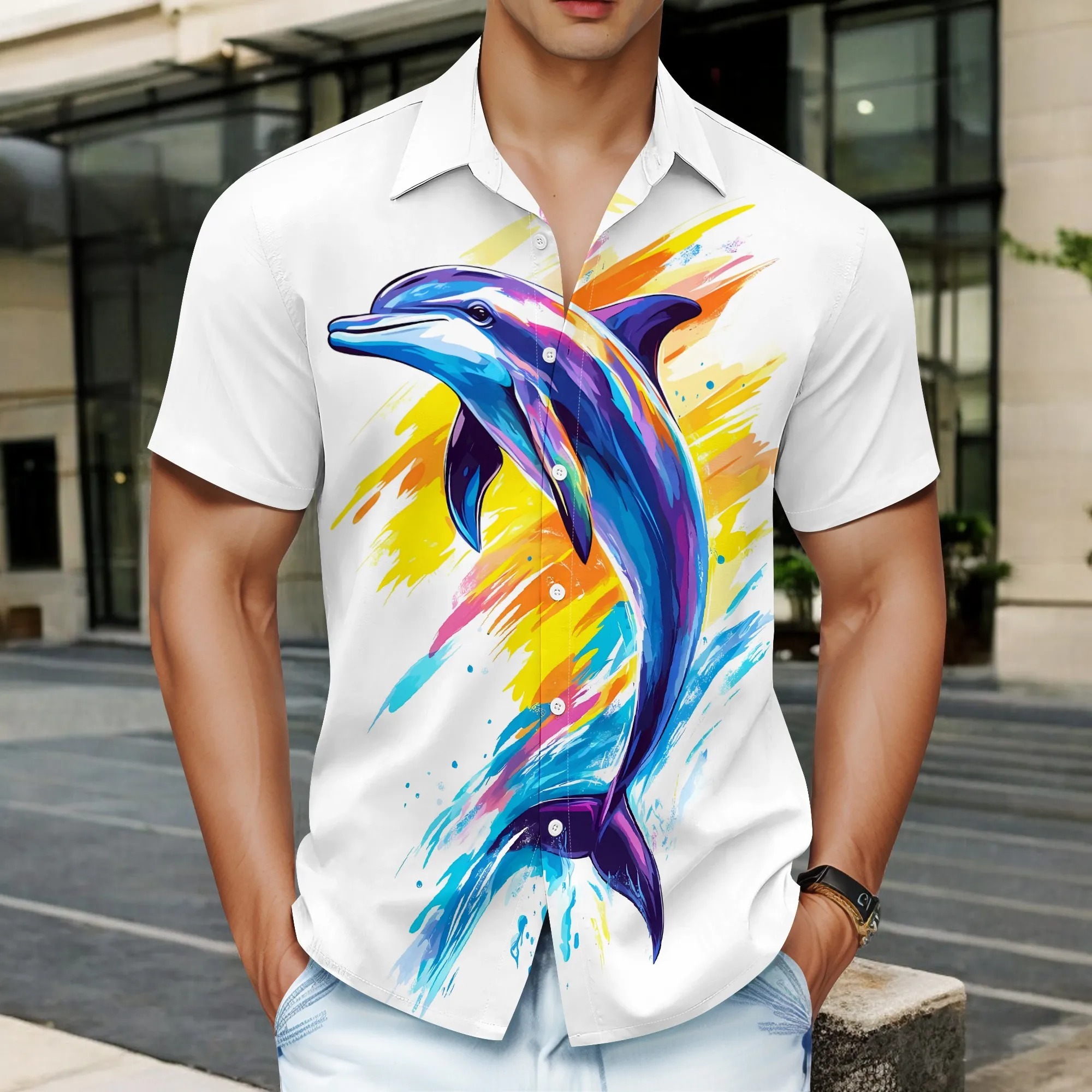

YEAE Colorful Dolphin Print Shirt for Men Summer Casual Short Sleeve Top