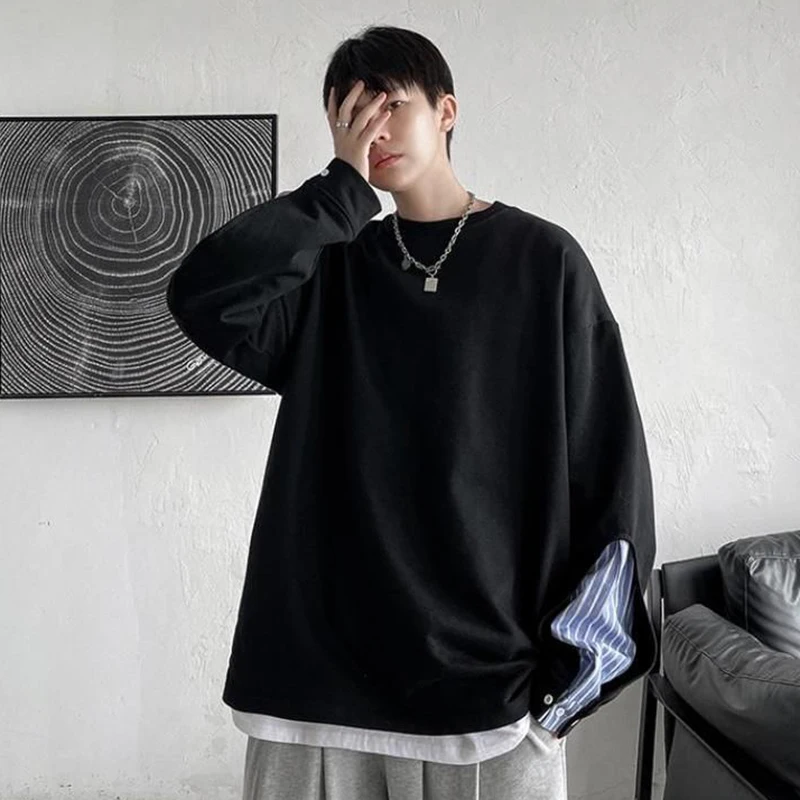 Fake Two Piece O Neck Long Sleeve Men Sweatshirt Street Casual Fashion Spliced Striped Print Oversized Pullover Tops Black White