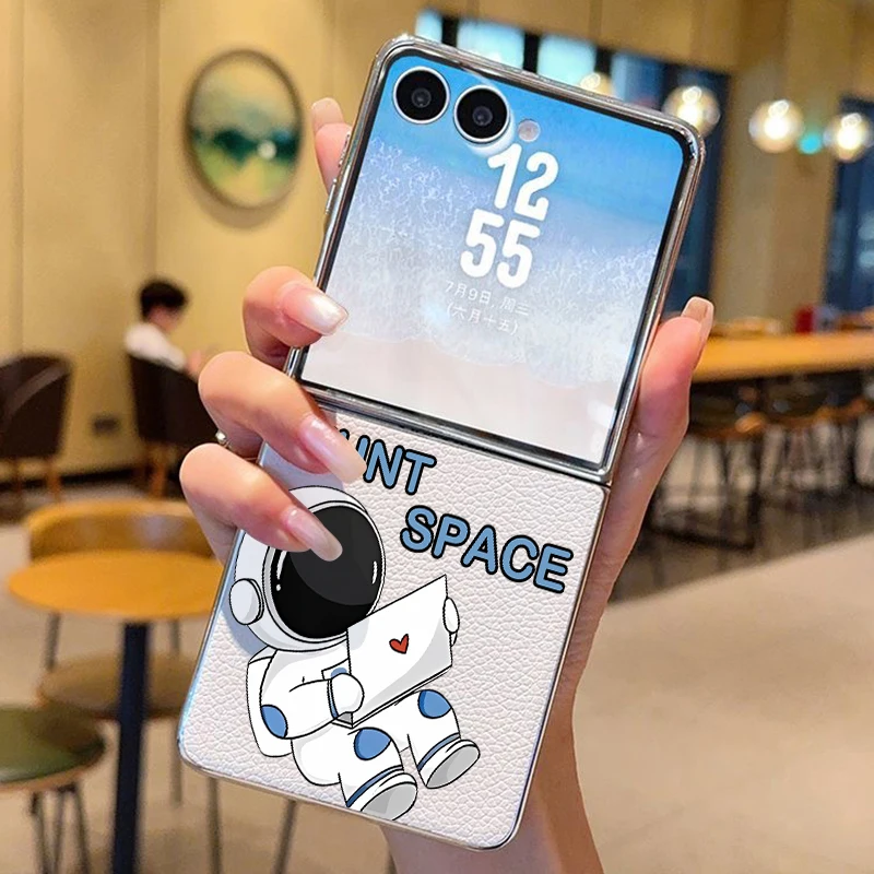 Astronaut Pattern PU Leather Phone Case For Samsung Galaxy Z Flip7 FE Flip6 Flip 7 6 5 5G Silver Plating Frame Hard Back Cover