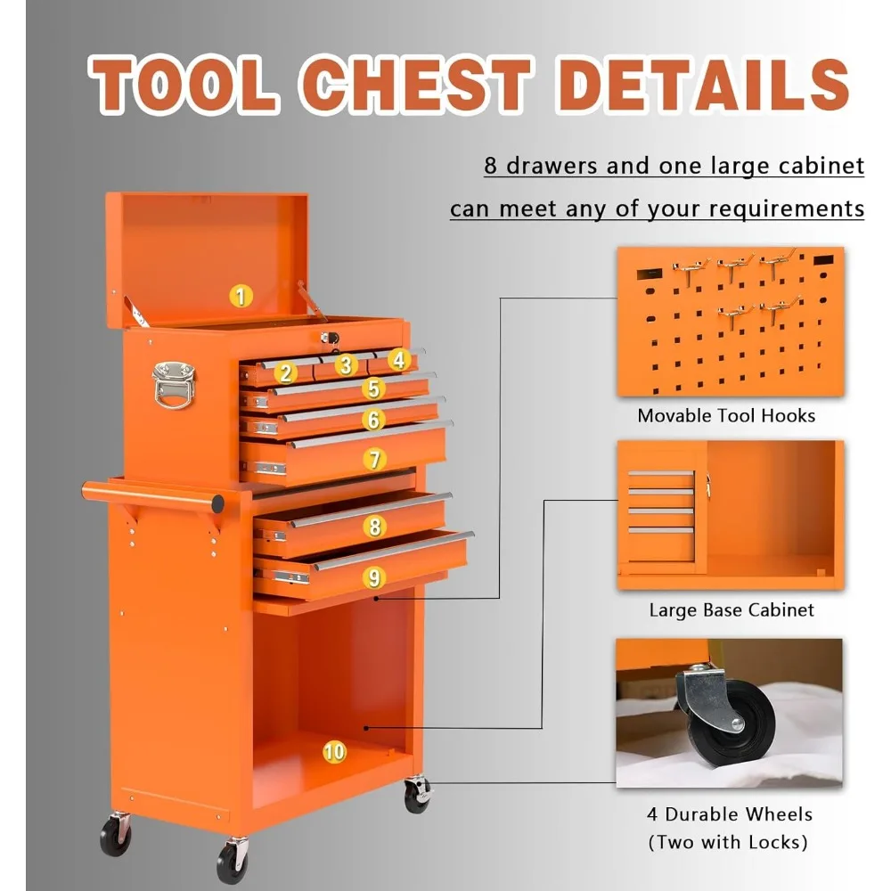 8段引き出し付き大容量ローリングツールチェスト、ガレージや倉庫での使用に適した取り外し可能なロック付き収納キャビネット