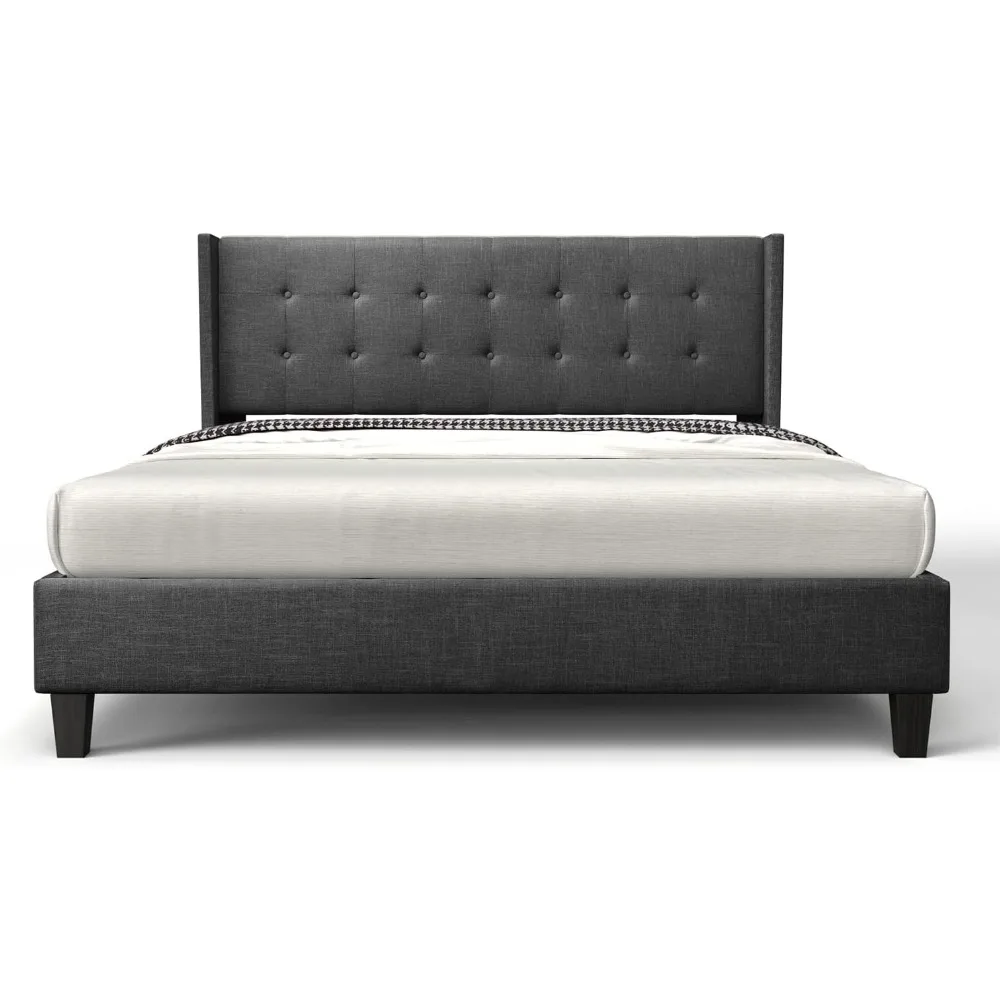 

Queen Size Dark Grey Bed Frame Upholstered Traditional Low Profile Platform with Wing Back Headboard Linen Fabric Uphols