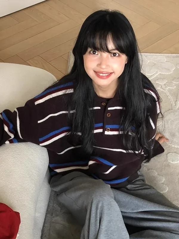 

Autumn Winter New Arrival Medium Thin Long Retro Striped Knitted Sweater Women's Casual Versatile Korean