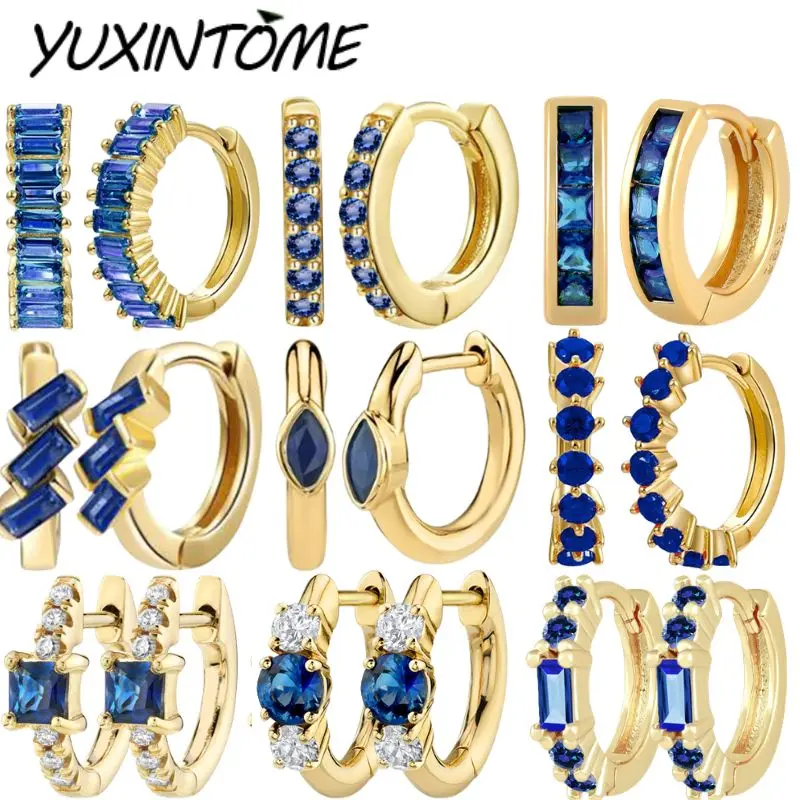 925 Sterling Silver Needle Premium luxury Geometric Blue Zircon Hoop Earrings Women's Fashion Wedding Party Jewelry Earrings