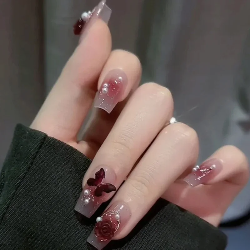 

24pcs French Fake Nails Mid Length Version Press Stick On False with Designs Full Cover Artificial Pink Wearable Clear Jelly Gel