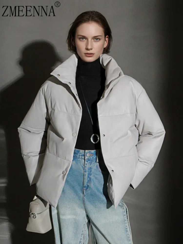 

ZMEENNA женская светло-серая куртка-пуховик из искусственной кожи, короткое стеганое пальто с воротником-стойкой на пуговицах, теплая зимняя верхняя одежда ZM4633