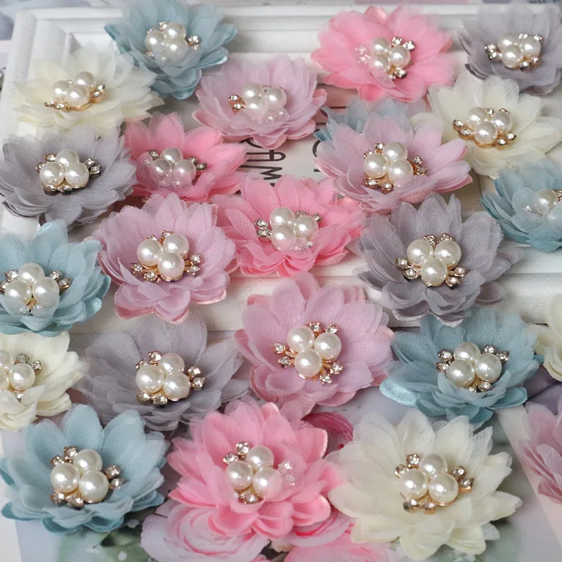 5Pcs/Lot 5CM Pearl Center Handmade Fabric Flowers DIY Decorations For Wedding Party DIY Accessories Craf Supplies