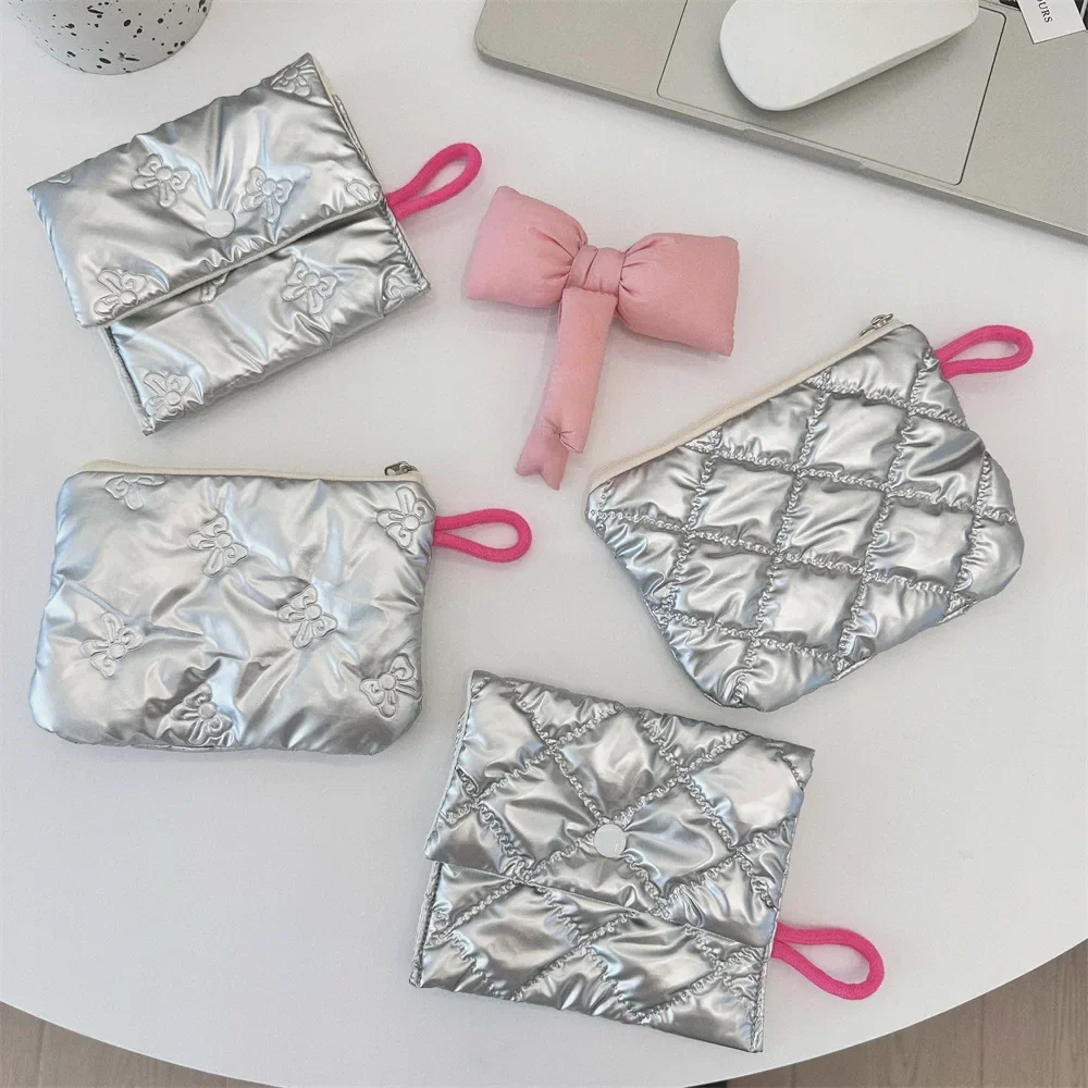 Lady Girls auricolare Coin Key Money Storage Bag Zipper Pouch Silver Lingge Bow Pattern portamonete portamonete piccolo in tela