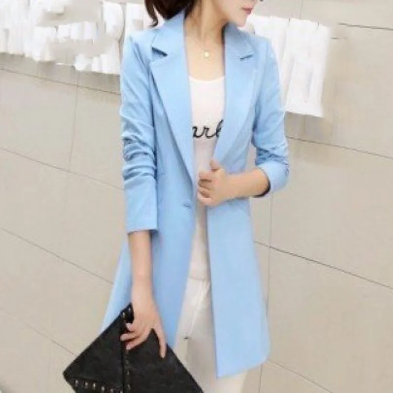 Women Spring Autumn Korean New Small Suit Commute Fashion Look Thinner Button Splicing Versatile Long Sleeved Mid Length Coat