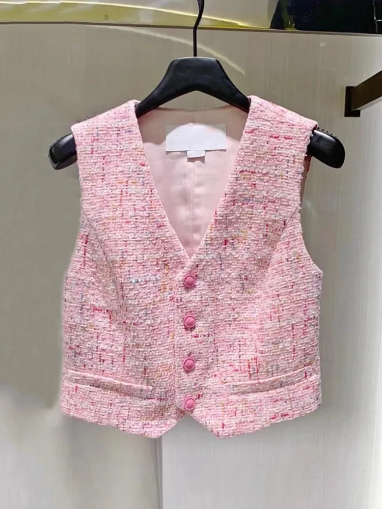 

Сладкий короткий топ в корейском стиле, женский модный жилет с V-образным вырезом, элегантная модная куртка высокого класса, смесь полиэстера, лето 2024