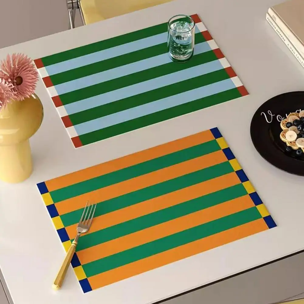 Washable Artificial Leather Mat Flexible Placemat Roll-up Colorful Striped Placemat Set Rectangular Artificial Leather for Home