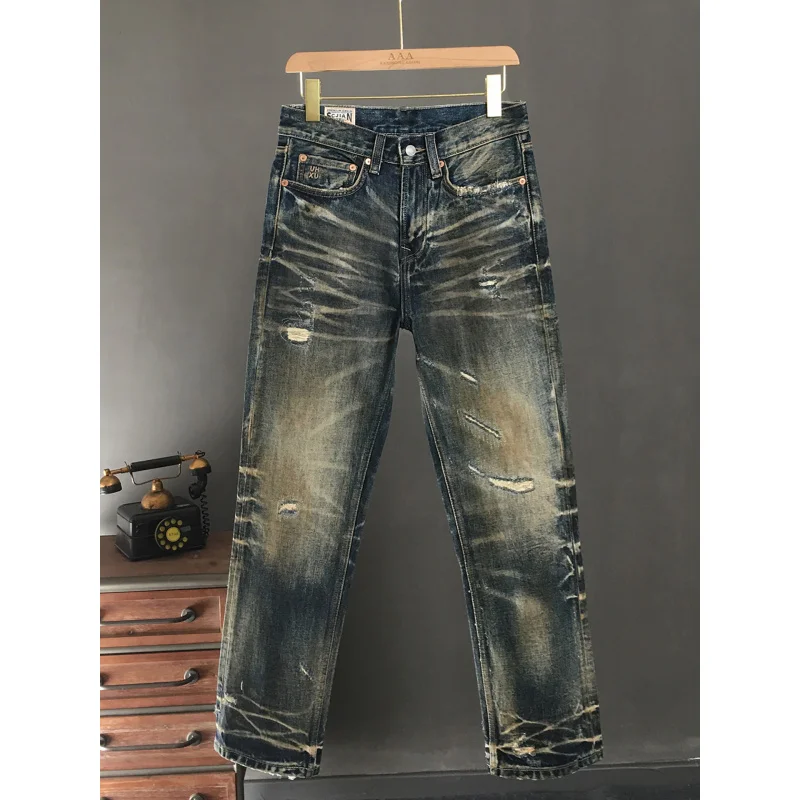 

Сверхмощные мужские джинсы в стиле ретро, американские уличные рваные нашивки, неэластичные модные свободные прямые длинные брюки